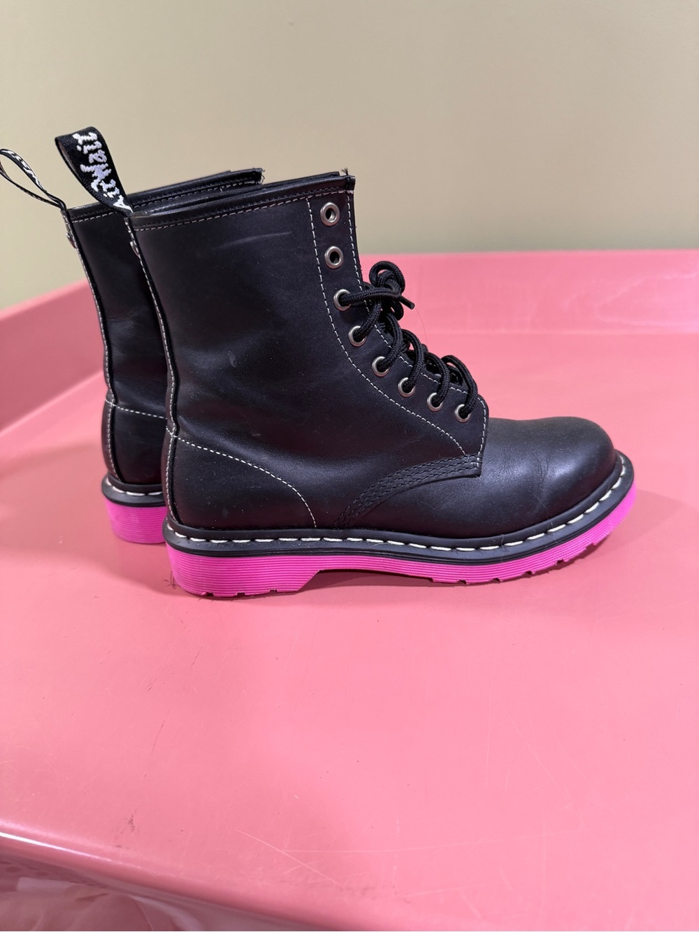 Dr Martens Doc Women's Black Leather Combat Boots with Pink Sole